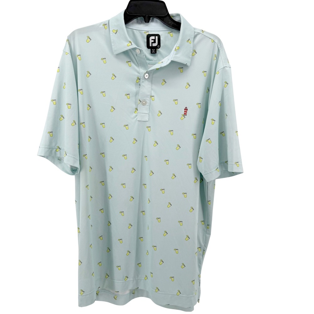 FootJoy Golf Polo Mens L Light Blue Cocktail Drink Print Lighthouse Stretch - Picture 2 of 8